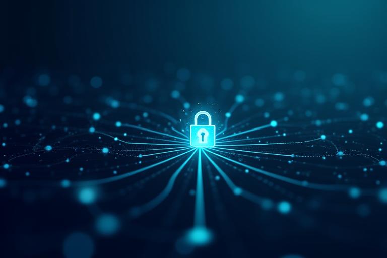 データのセキュリティと保護を示す抽象的なネットワークと鍵のアイコン